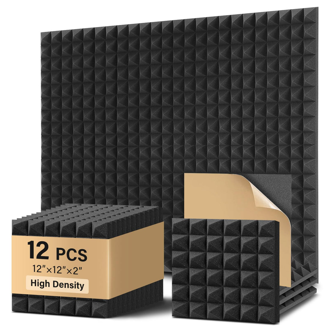 Bwaliffury 12 x Self-Adhesive Soundproofing Panels, 30 x 30 x 5 cm, Flame Retardant, Acoustic Insulation Panels, High Density for Home Theatre, Studio, Conference Rooms, Black