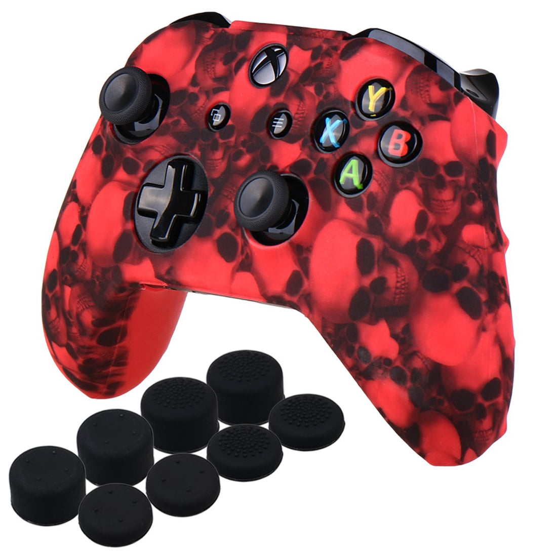 YoRHa Water Transfer Printing Skull Silicone Cover Skin Case for Microsoft Xbox One X & Xbox One S controllerx 1(red) With PRO thumb grips x 8
