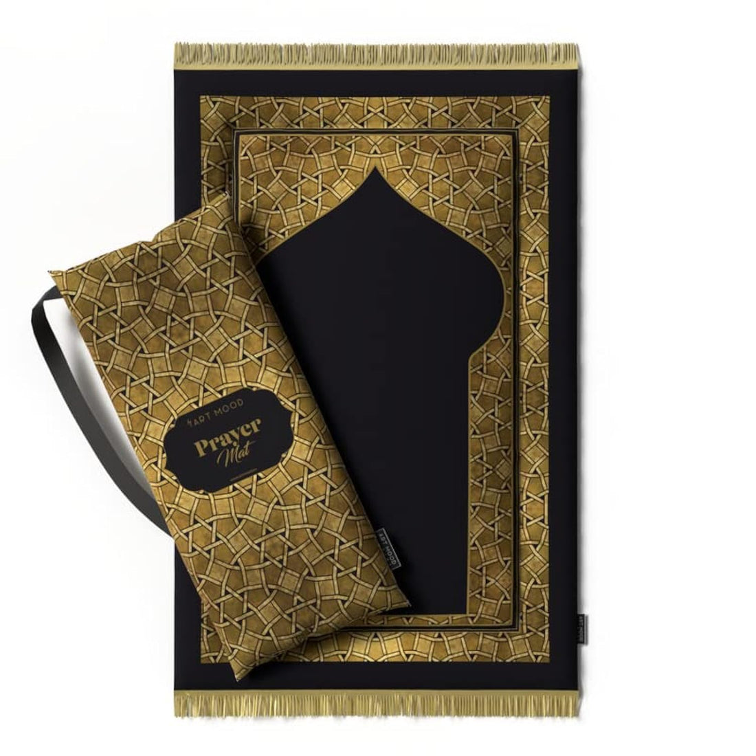 ART MOOD HOME Prayer Mat Padded Prayer Rug Mat | Luxe, Velvet with Elegant Design, Soft Low Pile with Supportive Cushioning, Lightweight and Foldable for Home and Mosque, 117L × 68W cm, Gold and Black