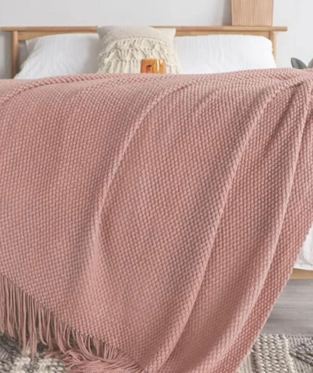 Nordic Style Chunky Couch Throw Solid Knitted Blanket, 170 cm x 120 cm Size, Pink