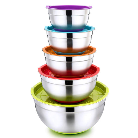 P&P CHEF Mixing Bowls with Lids, 14-Piece Stainless Steel Mixing Bowl Set for Baking Cooking Fruit Salad - Multi Size 1/2/3/4/5/6/8 Quart Set of 5 Red,Orange, Green,Blue,Purple,Silver