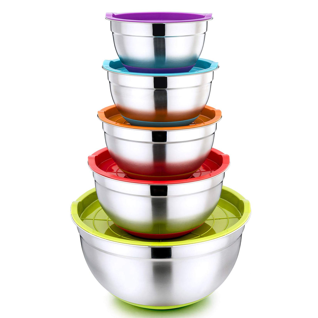 P&P CHEF Mixing Bowls with Lids, 14-Piece Stainless Steel Mixing Bowl Set for Baking Cooking Fruit Salad - Multi Size 1/2/3/4/5/6/8 Quart Set of 5 Red,Orange, Green,Blue,Purple,Silver