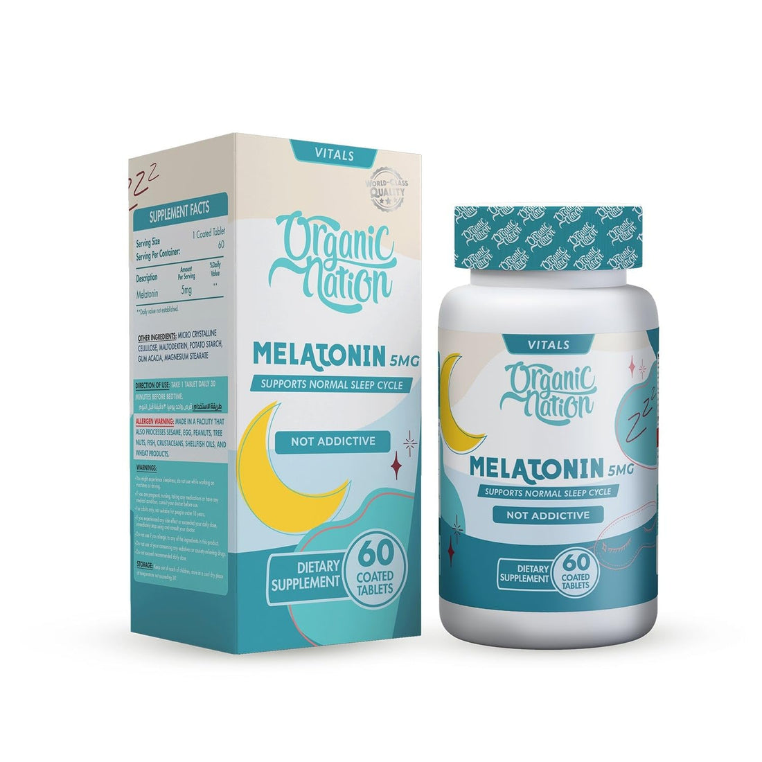 ORGANIC NATION FROM NATURE TO LIFE | Fast Dissolving Melatonin 5mg Tablets | 60 Coated Tablets | Natural | Vegan | Non-GMO