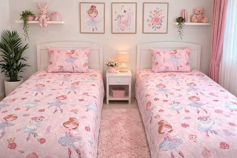 Baby Girls Flat Sheet Set, 6 Pieces For 2 Beds, Cotton Amreya Anti-Pilling, Ballerina Rose, Includes 2 Sheets, 2 Pillow & 2 Pillow Cases Height 30cm