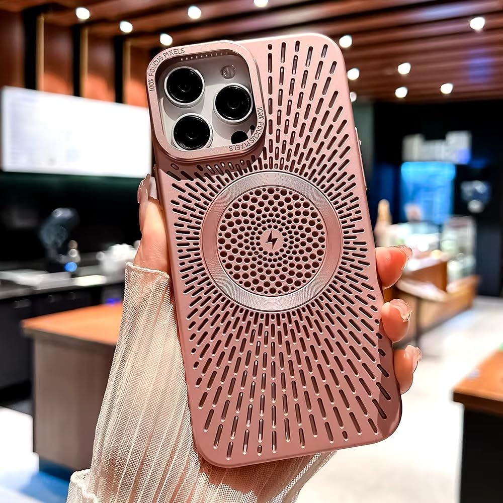 فكرة Fekra Premium Luxury Slim Heat Dissipation Mesh For Megsafe phone Case for iPhone 15 Pro Metal Camera Protection Cover (Pink, iPhone 15 Pro)
