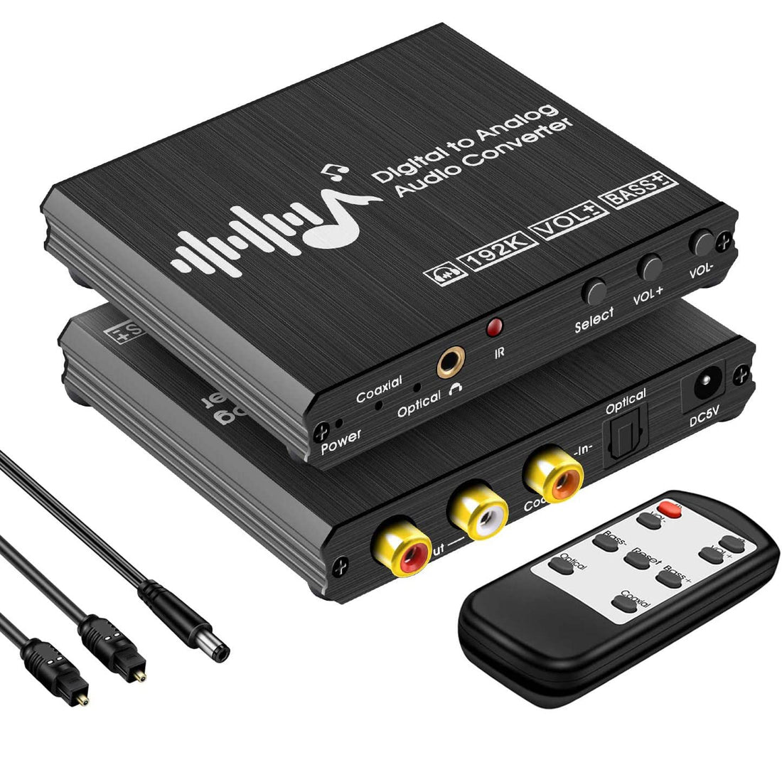 Digital to Analog Audio Converter with Remote, 192KHz DAC Converter with Volume Control&Bass Adjustment, DAC Box with Optical/Coaxial/Spdif Input and RCA 3.5mm Output Compatible with TV/PS4/DVD