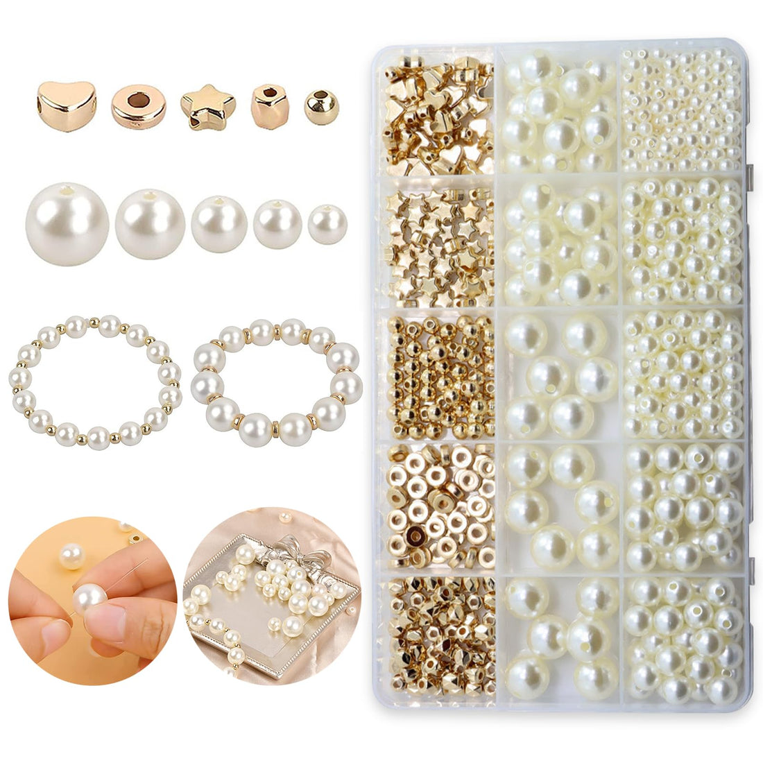 Mmgoqqt Pearl Beads for Jewellery Making, 770 Pcs Round Pearls Beads Craft Kit for Bracelet Making Ornament Craft Charm DIY with Storage Box Accessories