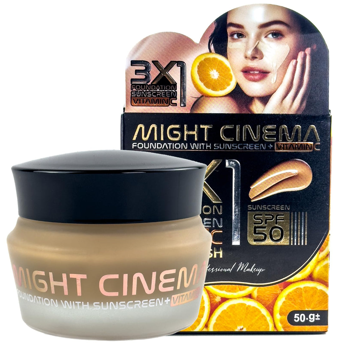 Might Cinema - Foundation, 3X1 Foundation & Sunscreen & Vitamin C, Flawless All Day Effect Foundation With Vitamin C, SPF 50, Model - 1358 (102)