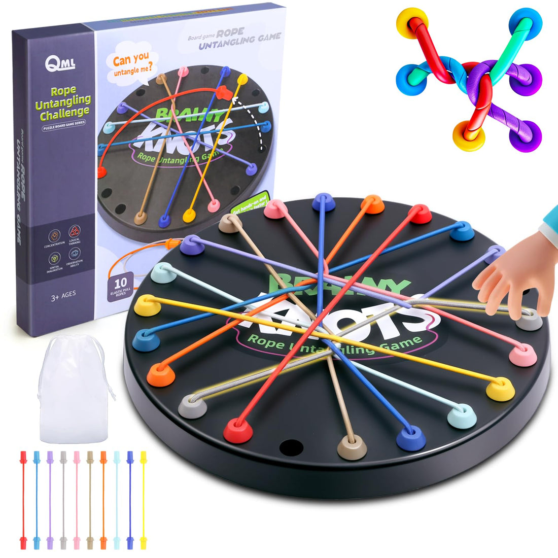 Wonka Gencokok Brainy Knots Rope Untangling Game, 10Pcs Twisted Rope Puzzle Game, Brain Knots Game Exercise Strategy Thinking, Rope Untangling Puzzle, Knots Game for Kids(Black)