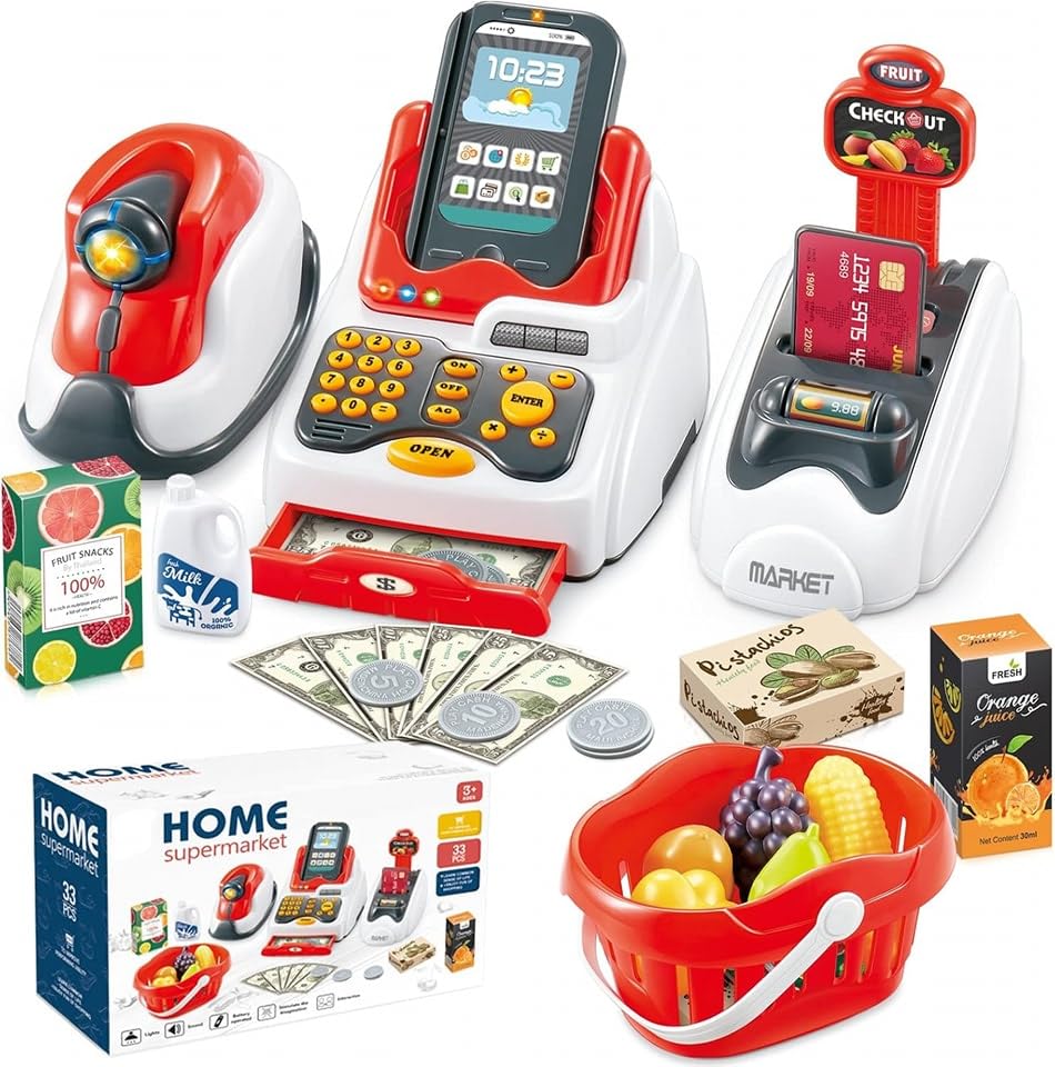 GHAZAL Toy Cash Register for Kids | Checkout Scanner with Play Money & Food Shopping Set | Educational Supermarket Playset for Boys & Girls