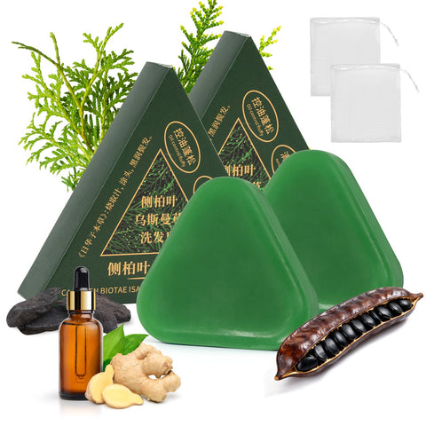 2 Packs Triangular Solid Shampoo, Green Hair Soap, Usman Cypress Leaf Solid Shampoo for Growth, Strengthening, Thickening and Volume