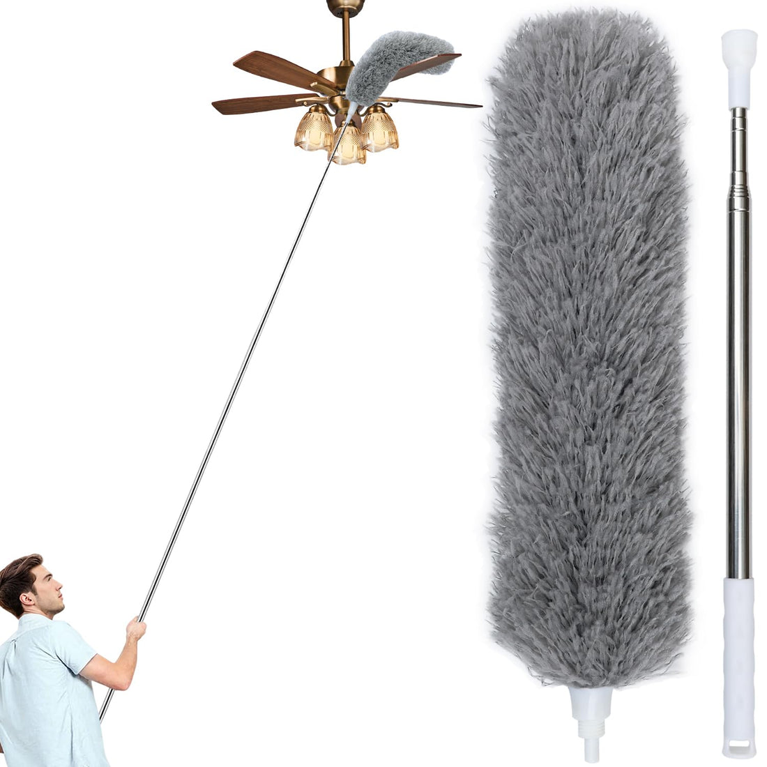 100" Extra-Long Microfiber Feather Duster, Extendable Pole Dusters, Telescoping Cobweb Duster for Cleaning, Bendable and Washable Microfiber Head, Cleaner for High Ceiling, Fan, Furniture