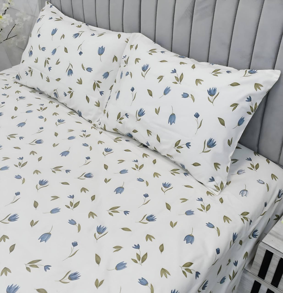 King Bed Sheet Set Cotton Amreya 4 Piece Set with Fitted Sheet 180x200x30cm Pillow 180cm 2 Pillow 50x70cm Blue Floral