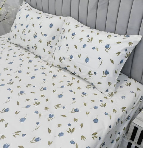 King Bed Sheet Set Cotton Amreya 4 Piece Set with Fitted Sheet 180x200x30cm Pillow 180cm 2 Pillow 50x70cm Blue Floral