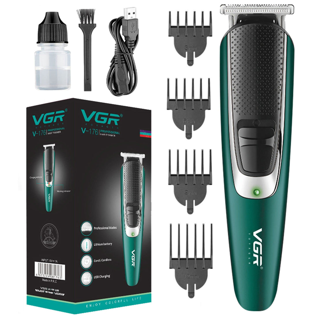 VGR V-176 Professional Hair Trimmer Cord & Cordless Runtime: 120 min Trimmer for Men (Green)