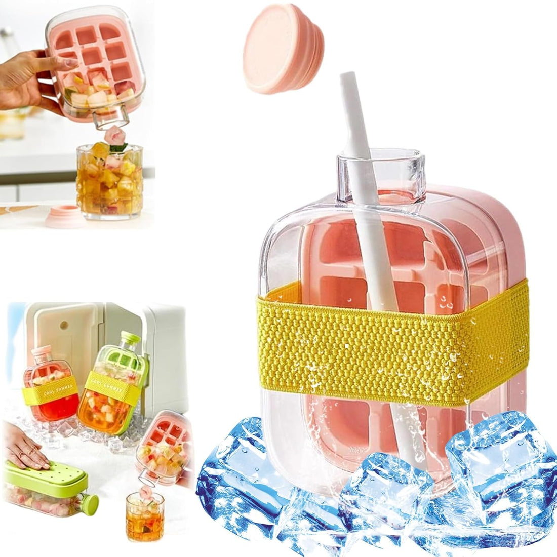 2 in 1 Water Bottle with Ice Cube Tray Touchless – 500ml – My Crush Cup with Lid, Straw & Strap – Multi-Use Ice Maker Cooler Bottle for Drinks, Juices, Coffee (Pink)