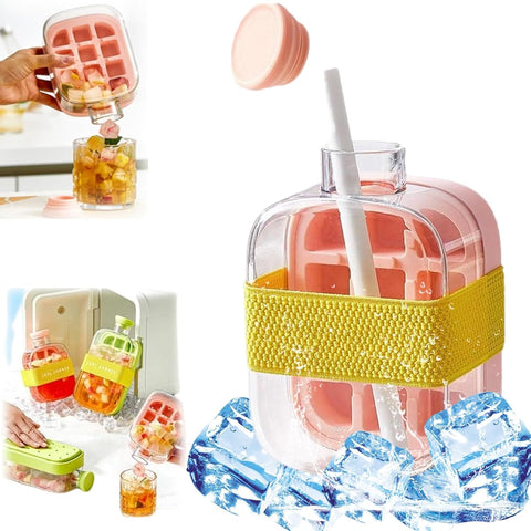 2 in 1 Water Bottle with Ice Cube Tray Touchless – 500ml – My Crush Cup with Lid, Straw & Strap – Multi-Use Ice Maker Cooler Bottle for Drinks, Juices, Coffee (Pink)