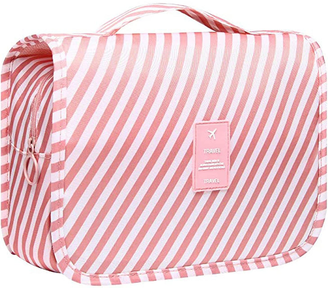 Travel Toiletry Bag, YYGOJOY Hanging Wash Bag Makeup Cosmetic Organizer Bags, Portable Hanging Toiletries Bags for Men Women Girls Waterproof Multifunctional (Pink Stripe)