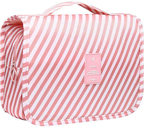 Travel Toiletry Bag, YYGOJOY Hanging Wash Bag Makeup Cosmetic Organizer Bags, Portable Hanging Toiletries Bags for Men Women Girls Waterproof Multifunctional (Pink Stripe)