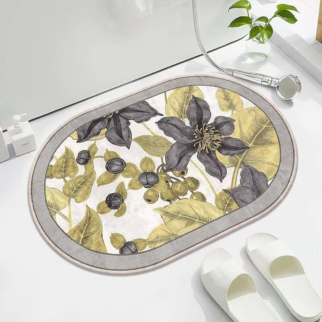 LESTER Quick Drying Non-Slip Bathroom Mat, 50 cm x 80 cm Size, Grey/Yellow