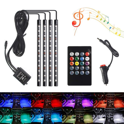 Car LED Strip Lights 48 LEDs 12V RGB Car Interior Footwell Lights Car Multi-Color Atmosphere Neon Lights Multi Color Underdash Lighting Kit With Sound Active Function Wireless Remote Control