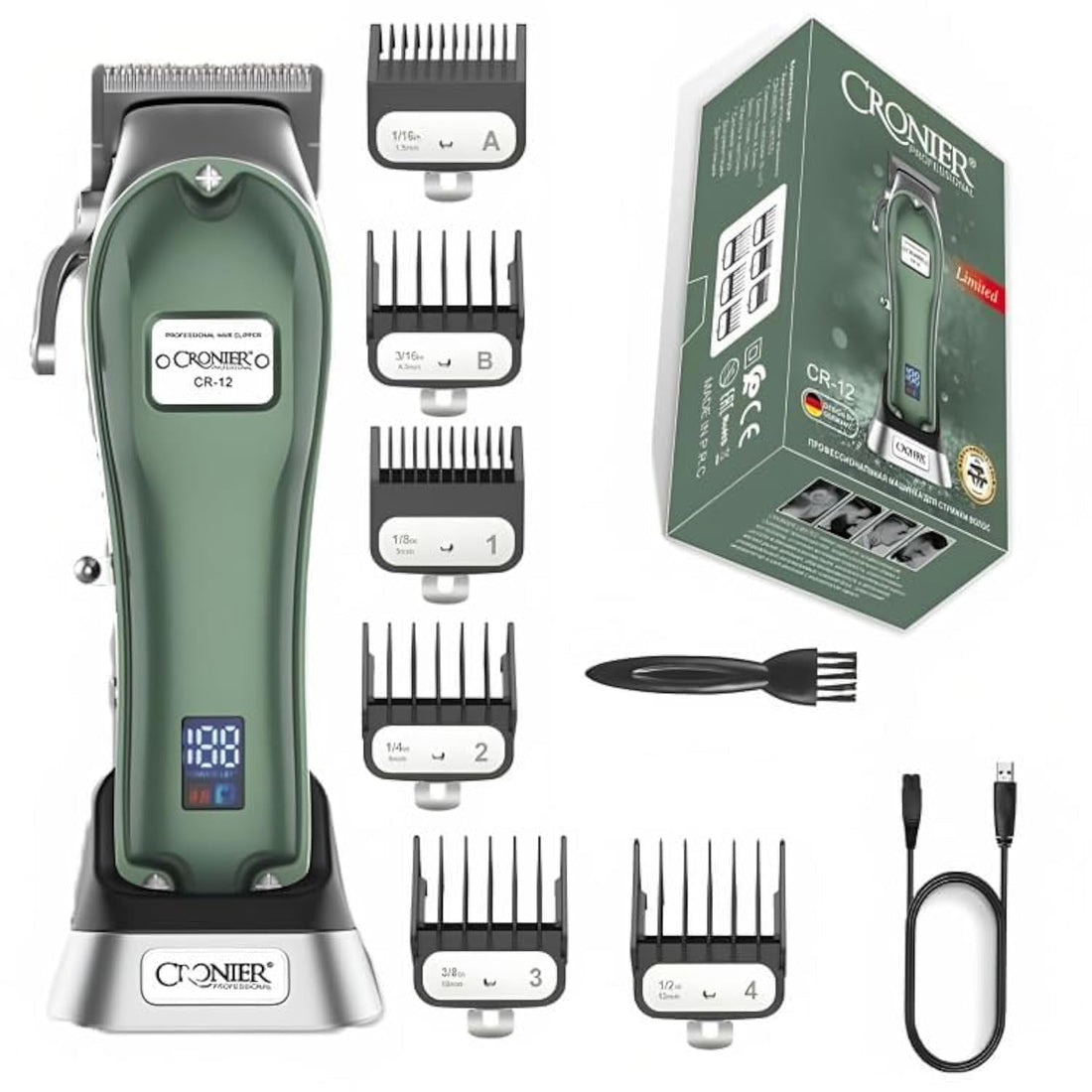 CRONIER Adjustable Cordless Professional Hair Shaver Barber Full Metal Hair Trimmer for Men Powerful Electric Hair Cutting Machine CR-12 (Green)