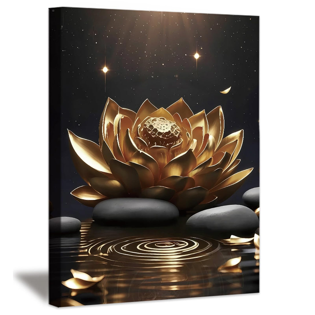 Zen Flower Canvas Wall Art Framed Black and Gold Lotus Flower Art Poster for Bathroom Wall Art Yoga Spa Meditation Spiritual Office Room Wall Decor,16x12 Inches