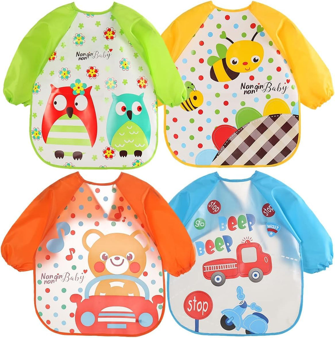 4Pcs Long Sleeve Baby Bibs Baby Bibs for Eating Long Sleeve Bib Polyester EVA Material Lace-up Waterproof Lightweight Comfortable Practical Bib Suitable for Baby Feeding Eating Playing Etc, One Size