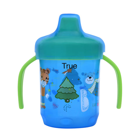 True Non spill Hard spout cup age 9+ 260ml with handles & cover-BLUE