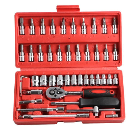 GJ 46 Piece 1/4" Drive Socket Ratchet Wrench Bit Repair Tool Kit - Ideal for Automotive Repairs, Mechanics, Chrome Vanadium Steel, Ergonomic Design, Quick-Release Ratchet Handle, Portable Case