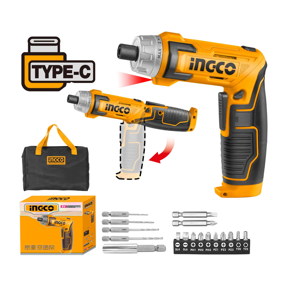 INGCO 8V Screwdriver Machine 1/4 Inch, Rechargeable Drill With LED, 10 Drill Bits, and 1 Magnetic Bit Holder