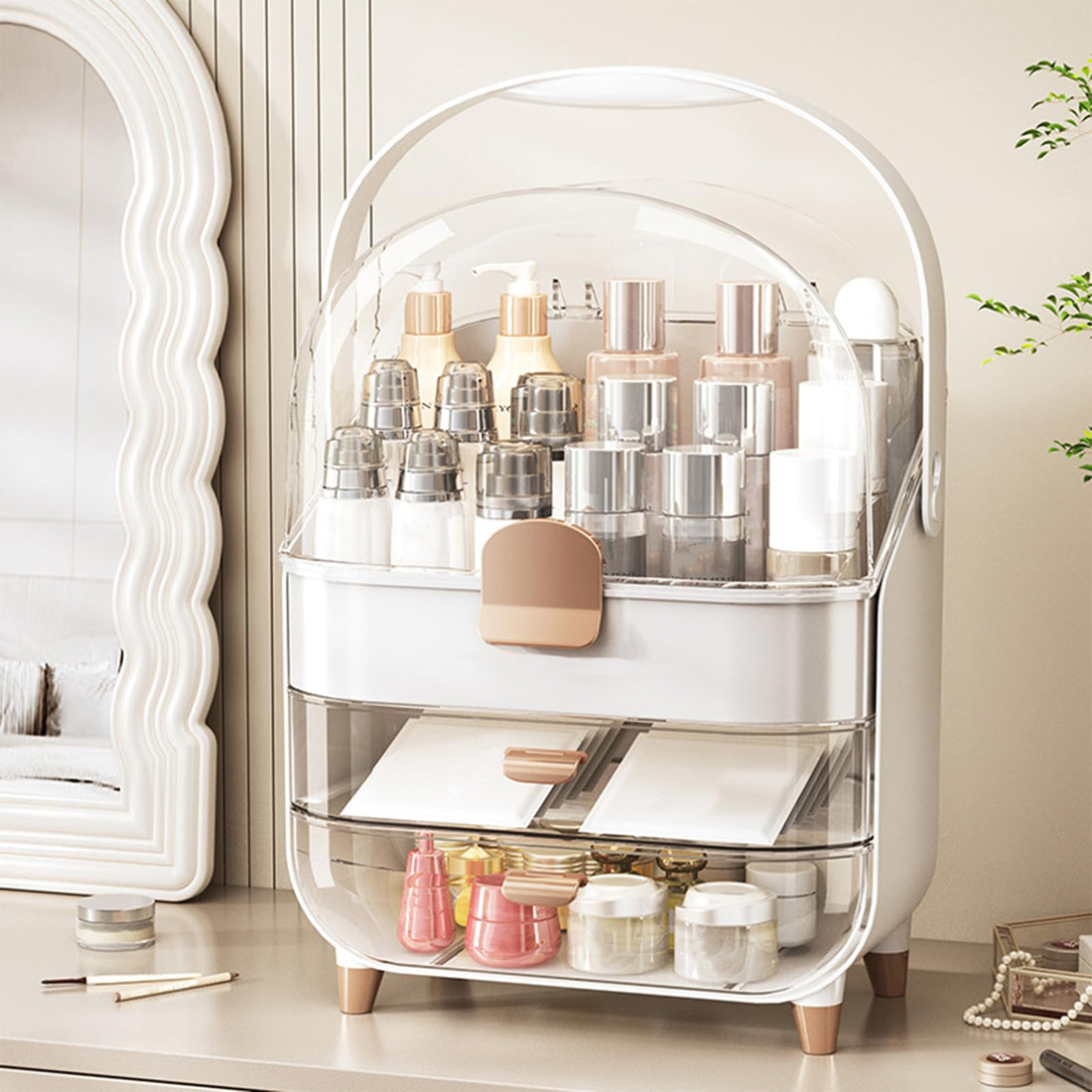 Makeup Organizer Countertop, Make up Organizers and Storage for Vanity, Cosmetics Skincare Organizers with Lid and Drawers, Cosmetic Display Cases for Bedroom, Bathroom, Ideal Gifts for Women(White)