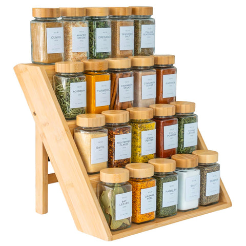 Bamboo Spice Rack Organizer For Kitchen, Sturdy Wood Shelf Seasoning Rack, 3 Tier Free Standing Seasoning Spice Jar Organizer, Foldable Storage Standing for Cabinet, Drawers and Countertop