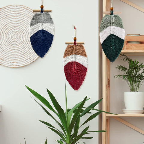 JND Macrame Wall Hanging,3 Pieces Boho Wall Decor Leaf, Handmade Woven Cotton Wall Ornaments with Wooden Bead,Small Woven Wall Decor for Livingroom Home Bedroom Decoration(Type3)