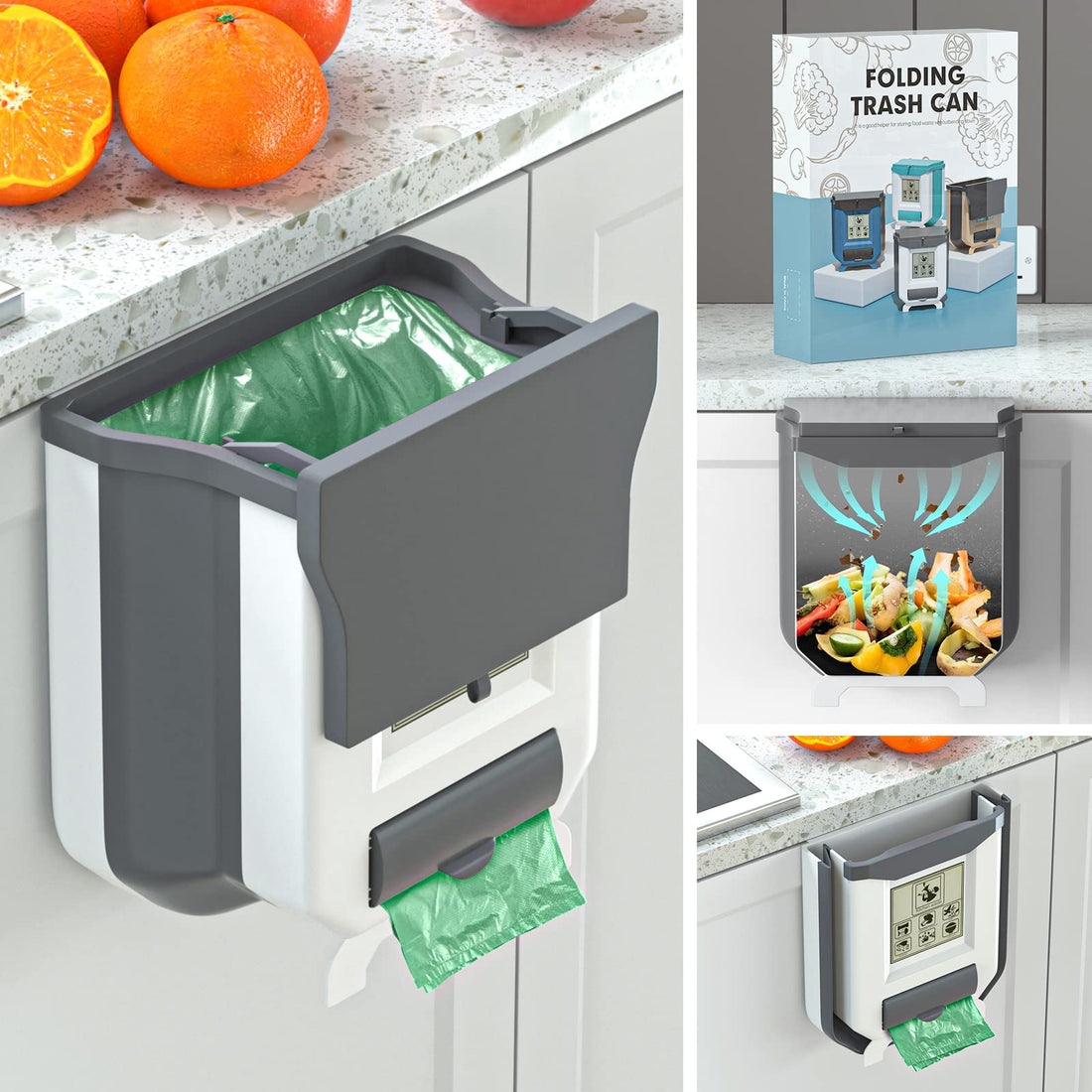 Gintan Foldable Hanging Rubbish Bin with Lid Kitchen Camping Foldable Rubbish Bin Kitchen Waste Bin Hanging Bar for Kitchen/Camping/Car/Bathroom/Office/Bedroom (Grey)