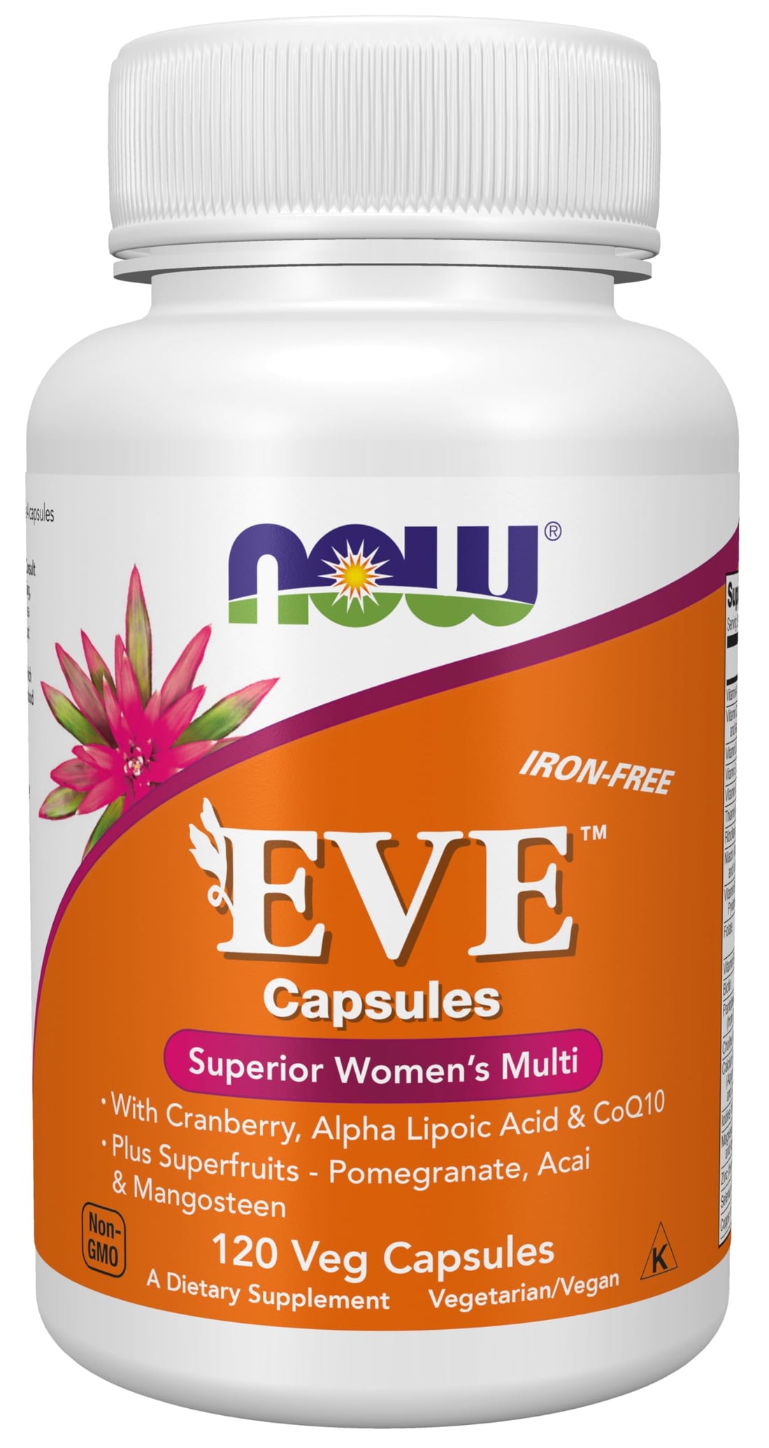 NOW Supplements, Eve™ Women's Multivitamin with Cranberry, Alpha Lipoic Acid and CoQ10, plus Superfruits - Pomegranate, Acai & Mangosteen, Iron-Free, 120 Veg Capsules