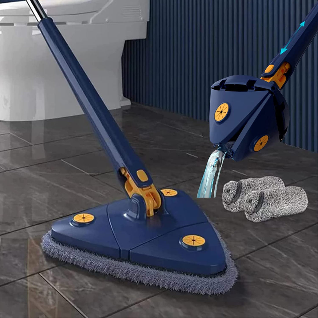 360 Degree Rotatable Adjustable Cleaning Mop - Imitation Hand Twist Quick Dry, Extendable Triangle 360° Rotatable Adjustable 130 cm (Blue)