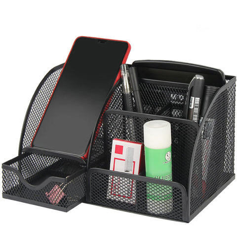 AUXHCYL Office Desk Organizers Multi-Functional Black Mesh Metal Desktop Accessories Office Supplies with 6 Compartments and 1 Storage Drawer for Home Office School Workshop
