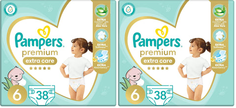 Pampers Premium EXTRA CARE Taped Diapers, Size 6, 13+ kg, with Lotion with Aloe Vera, 38 Baby Diapers (Pack of 2)