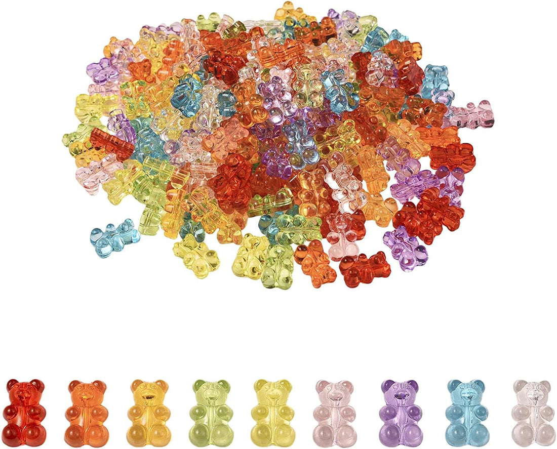 Stiesy 180 Pcs 9 Colors Gummy Bear Beads with Vertical Hole Transparent Acrylic Bear Shape Loose Beads for Bracelet Necklace Earring Jewelry Making - 18.5x12x7.6mm