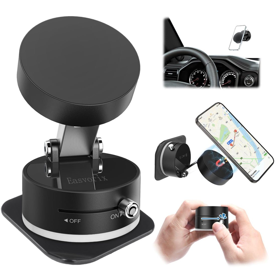 Vacuum Magnetic Phone Holder with Metal Ring Compatible with iPhone All Phone, Portable Universal Collapsible Magnetic Phone Stand for Gym, Car Mount with Windshield Suction Cup