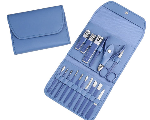 Professional Nail Clippers Manicure Set - 16 Pcs Stainless Steel Nail Care Tools Grooming Kit With Luxurious Travel Leather Case for Men Women (Blue)