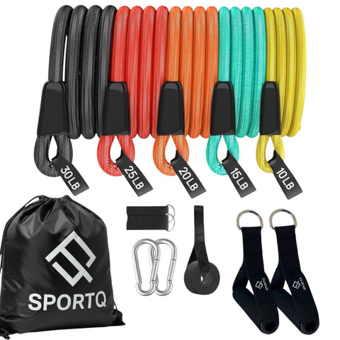 SportQ Premium Resistance Bands Set – Resistance Levels 10 to 30 Pounds – Alternative to Home Gym for Full Body Strengthening, Toning and Fitness at Home or Travel