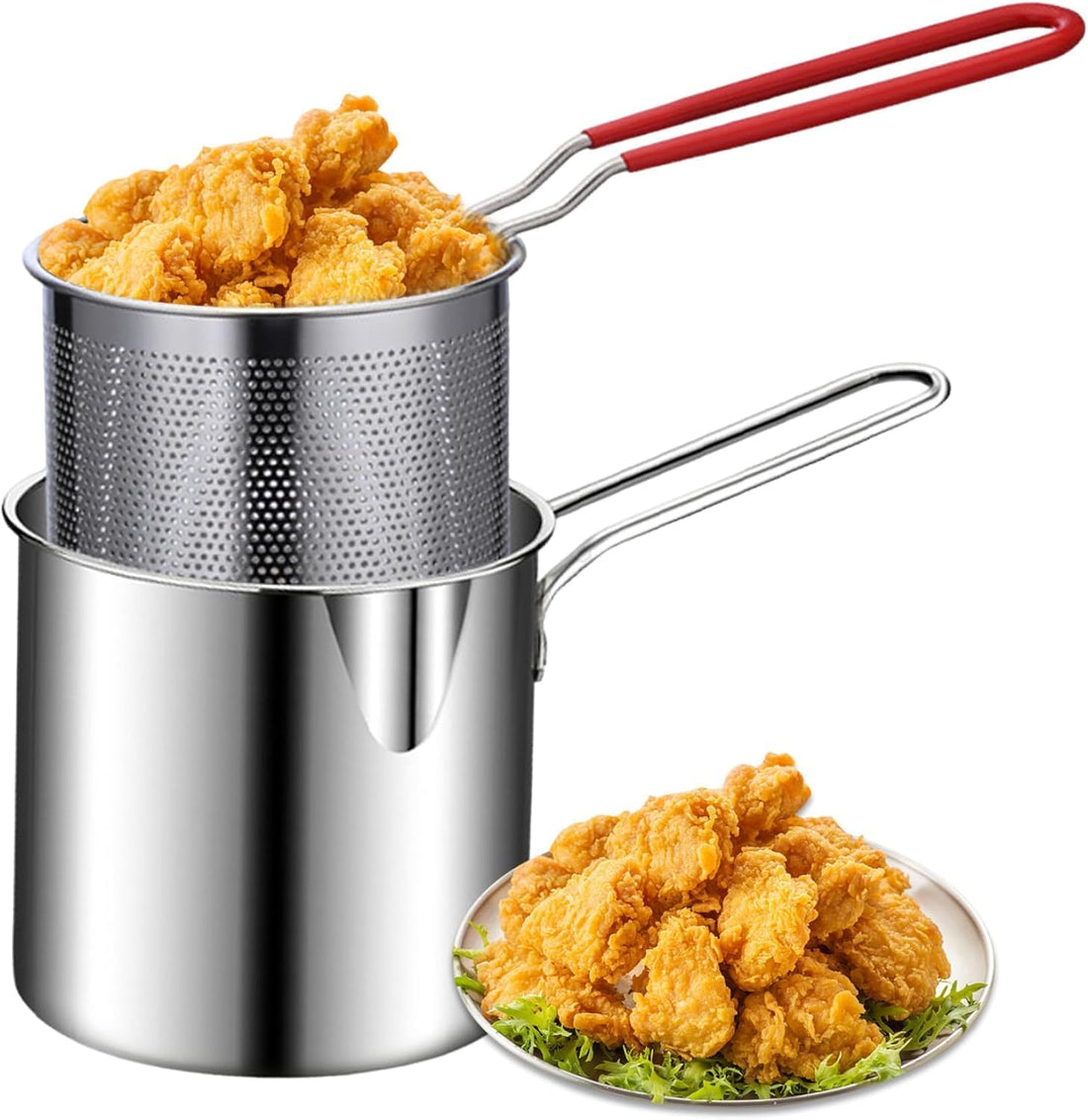 click2shop Small Deep Frying Pot with Strainer Basket - 1200ml Stainless Steel Pan with Handle | Ideal for Frying French Fries, Chicken Wings, Shrimp, Fish, Boiling Butter, and Pasta (1 Piece)