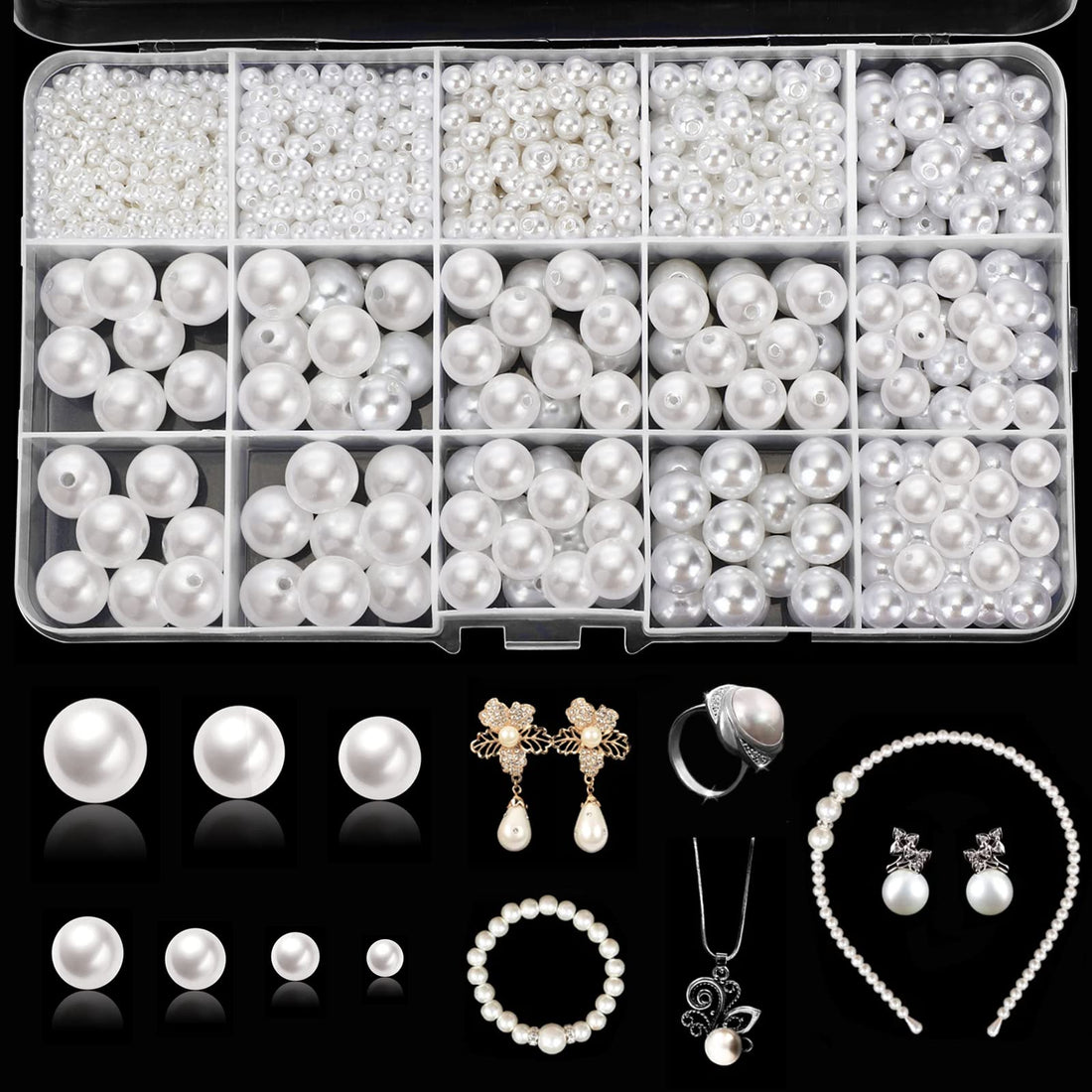 Yaomiao 1400 Pieces Pearl Beads with Holes Assorted Size Loose Pearls Bulk 3 mm 4 mm 5 mm 6 mm 8 mm 10 mm 12 mm Full Round Spacers for Jewelry Making Sewing Craft Wedding Vase Filler (White)