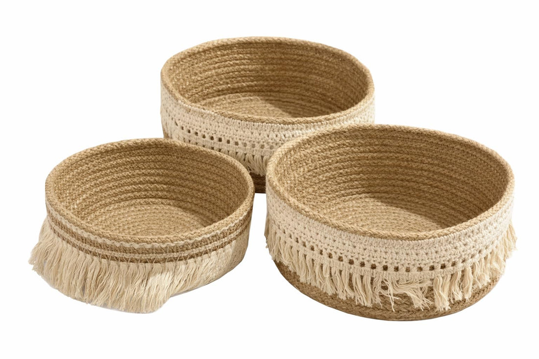 Calda Set of 3 Macramé Cotton Rope Storage Baskets – Decorative Handwoven Nesting Baskets with Boho Fringe,Inspired Organizer for Cosmetics, Accessories & Home Decor