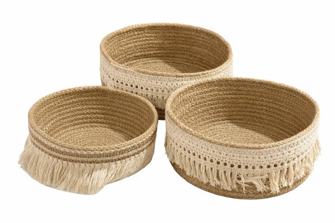 Calda Set of 3 Macramé Cotton Rope Storage Baskets – Decorative Handwoven Nesting Baskets with Boho Fringe,Inspired Organizer for Cosmetics, Accessories & Home Decor