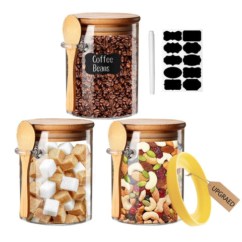 Yalucky Glass Jars with Airtight Lid and Spoon, Glass Food Storage Jars Containers, Overnight Oats Containers with Lids, Decorative Kitchen Jars for Coffee/Tea/Sugar/Spice, Bath Salt Containers (3PCS)