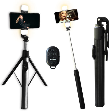 iVoltaa Super Long Extendable Selfie Stick Tripod with Detachable Wireless Remote, in-Built Tripod for Smartphones and Go-Pro, with and Without LED Flash Light (Black) (with LED Flash Light)