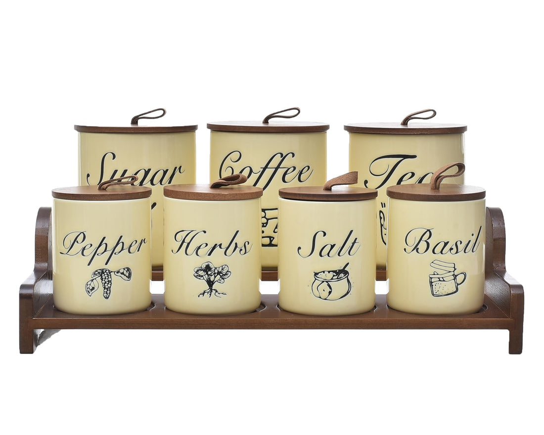 BRIGHT FUTURE 12-Piece Porcelain Spice Set with Wooden Lid Stand Luxury Waterproof Colorful Turkish Spice Jars with Elegant Wooden Rack - Yellow